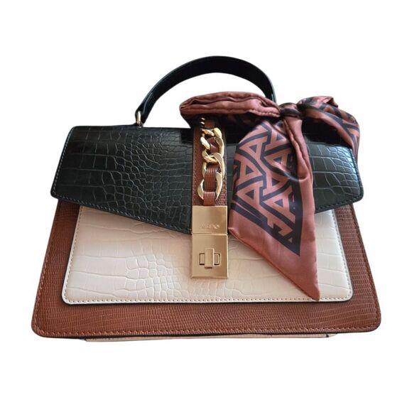 Top Handle Satchel Purse Black Brown White Faux Croc Leather Gold Chain Classic - Picture 5 of 8